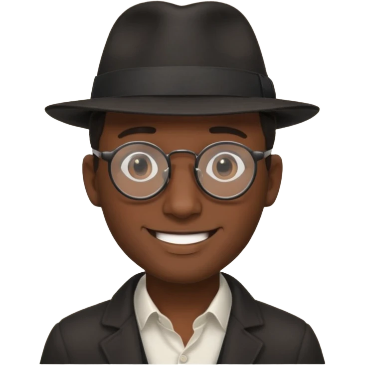A man emoji with dark skin, wearing round glasses and a black fedora hat, with a clean-shaven face. emoji