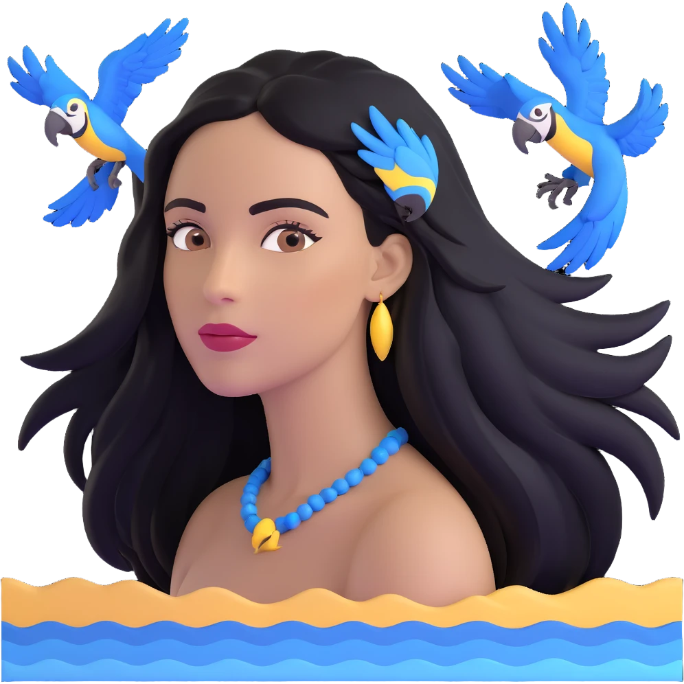 close-up of a woman's face with long black hair, light brown skin, blue macaws flying around her head, and the arches of Atalaia Beach (Aracaju-SE) subtly in the background emoji