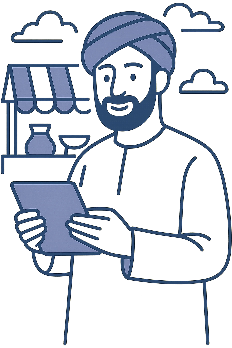 souk merchant holding a tablet, flat modern style, Middle Eastern trading theme emoji