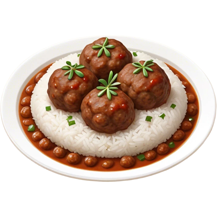 Kofte Cinematic Realistic Kofte Dish Emoji, depicted as spiced meatballs served alongside a portion of fragrant rice, rendered with rich textures and warm, appetizing lighting. emoji