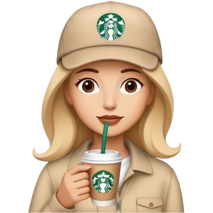 Una señora de gorra beige bebiendo un café de Starbucks emoji