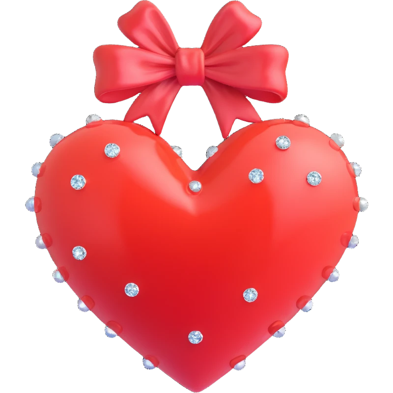 tiny red heart with a bow, pastel red enamel, extra large sparkling gems, soft glowing effect emoji