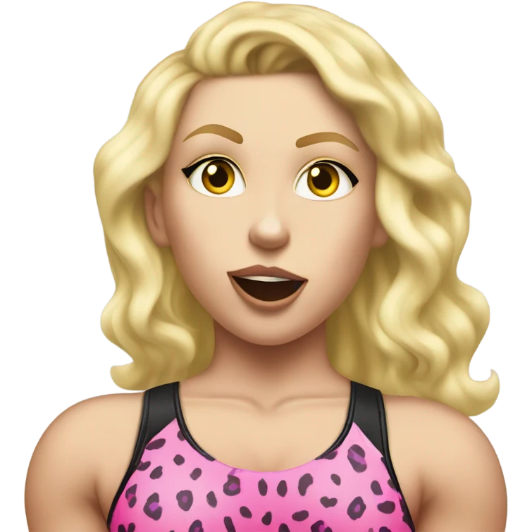 Tall blonde Caucasian muscular woman wrestler with teal eye shadow wearing a pink leopard print leotard blowing a kiss emoji