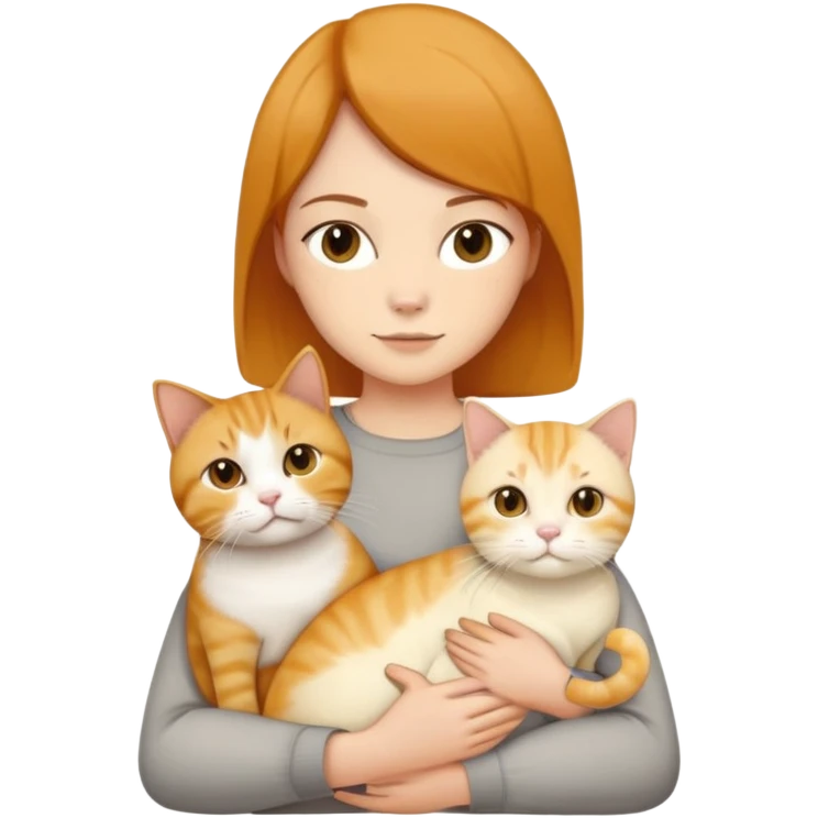Straight short hair ear length in dark brown , skin tone honey . holding one ginger cat , one yellow white cat , one cream color cat British short hair same size  emoji