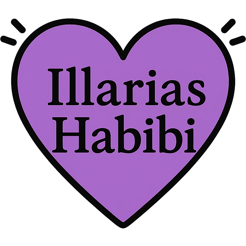 purple heart with black accents, displaying 'Illarias Habibi' in elegant lettering emoji