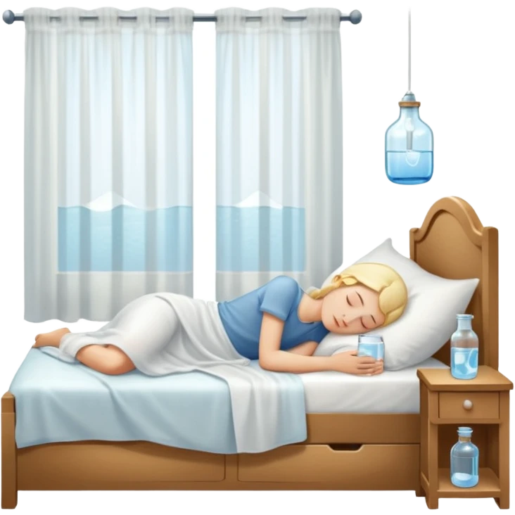 sunlight through curtains, GoCLN bottle and water glass on bedside table, person sleeping

 emoji