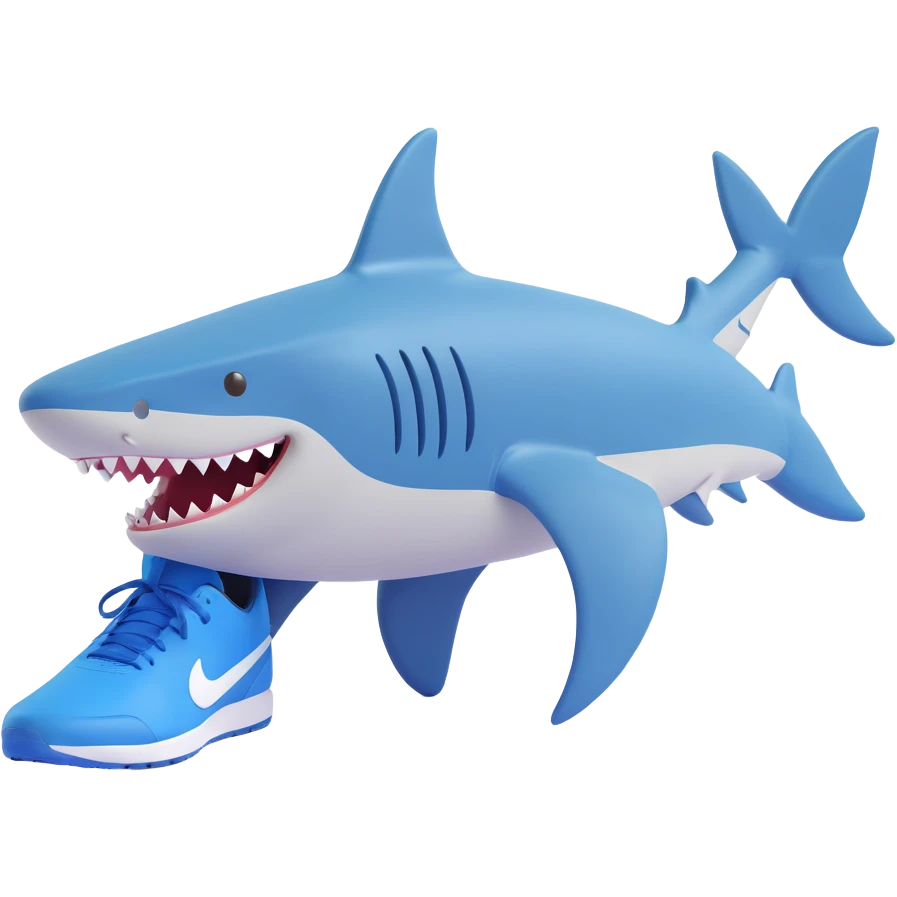 a shark with three legs, last leg near the back fin, wearing blue Nike shoes, closed mouth, 3D style emoji