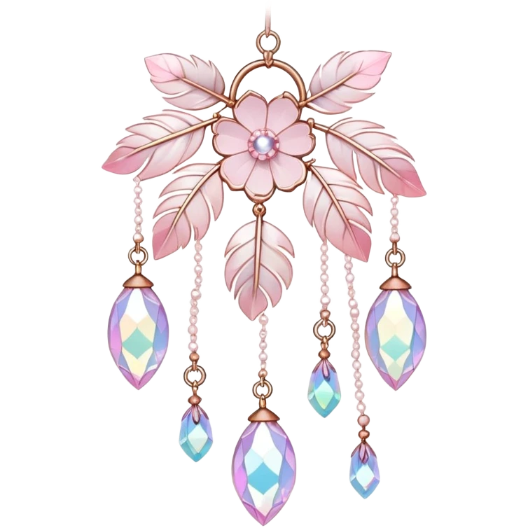 Hanging Iridescent pastel pink sakura crystals white-pearly suncatcher with bells and feathers emoji
