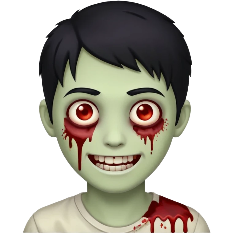 Teen zombie with black hair smiling with blood all over him emoji