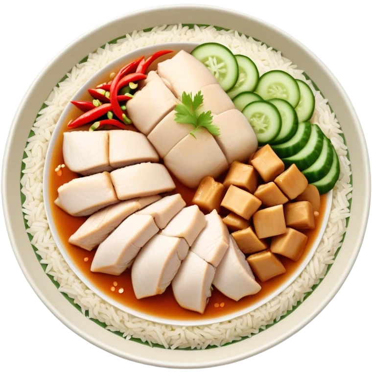 Singapore Hainanese chicken rice with sliced chicken, fragrant rice, cucumber and chili sauce emoji