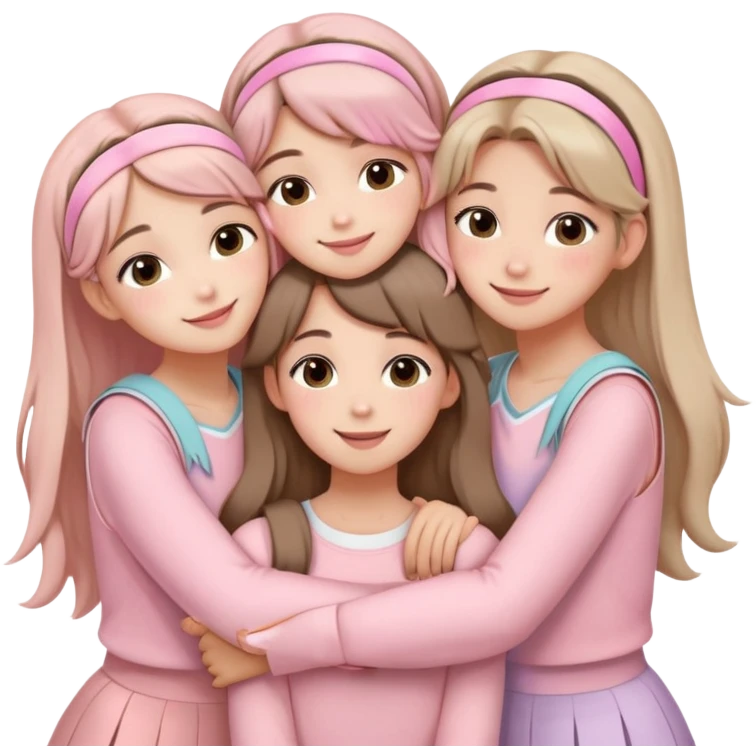 Four girls hugging each other, all wearing soft pink clothes, two with long hair and two with shoulder-length short hair, smiling, with hair accessories like headbands or ribbons, pastel color palette, soft shading, make someone pose with two fingers and someone kisses his cheek emoji