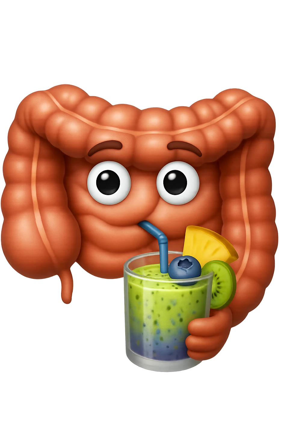 EMOJI STILE IPHONE DI un intestino umano anatomico che beve un frullato di mirtilli, ananas, kiwi, fagli anche la parte bianca degli occhi, non solo le pupille, REALISTICo 4K emoji