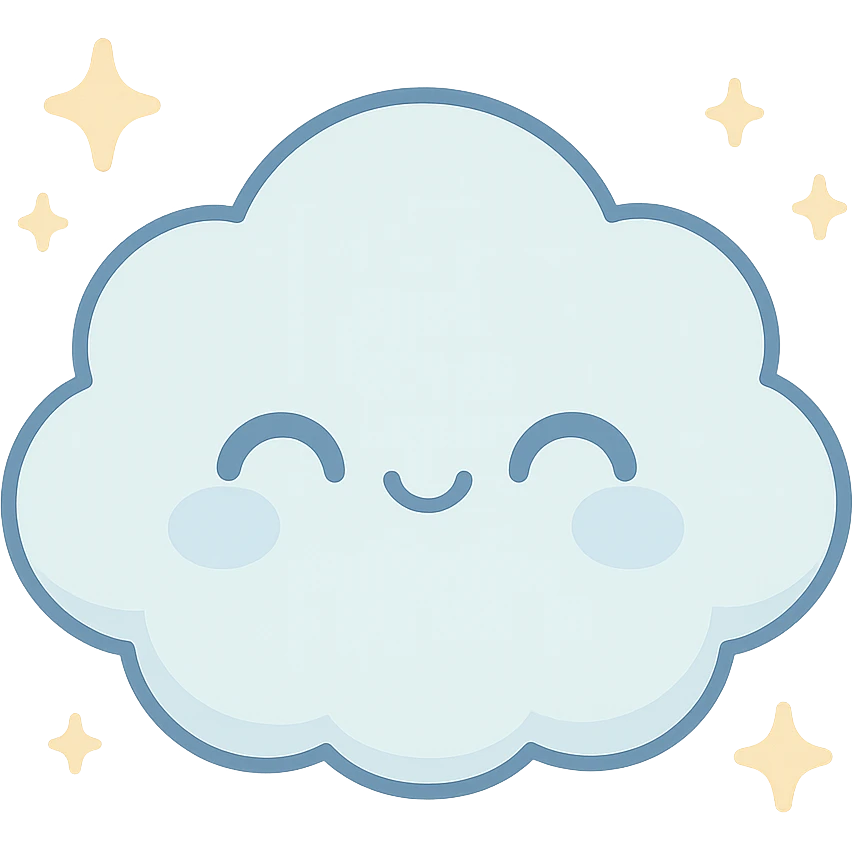 chibi cloud character, extra round and puffy, smiling with closed eyes, pastel sky blue, sparkles, gentle lighting, kawaii vector sticker emoji