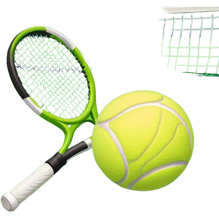 A tennis racket and a ball placed on the ground, with a tennis court in the background. The court lines and net are visible, emphasizing the structure and focus of the sport, creating a dynamic and energetic vibe. emoji