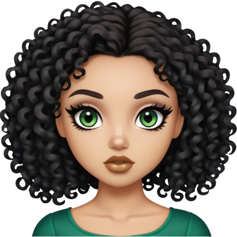 curly dark brown hair, light skin,  dark green iris, pretty bratz baddie, strong black eyeliner emoji