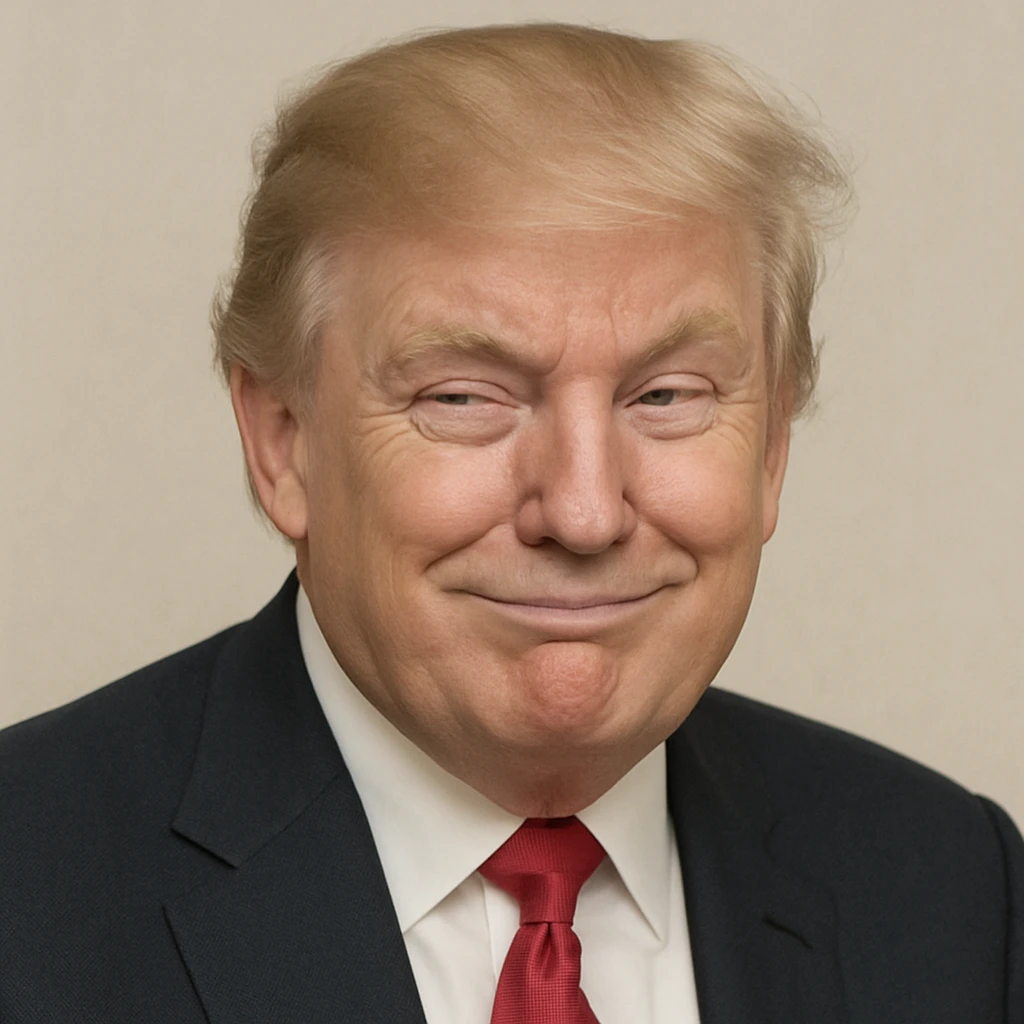 Reduce contrast for a softer look and enhance the very sly, cunning expression on Donald Trump's face, keeping photorealistic quality and plain background. Maintain photorealistic style with a plain background. emoji