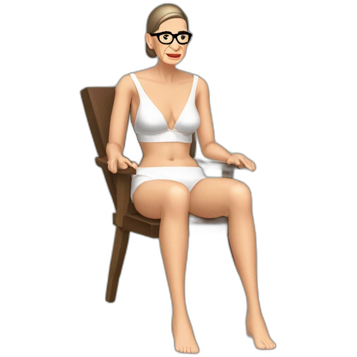 sexy ruth bader ginsburg wearing string bikini top and a skirt acting out that scene from basic instinct sitting facing forward legs apart(full body, ios17, sitting legs spread apart) emoji
