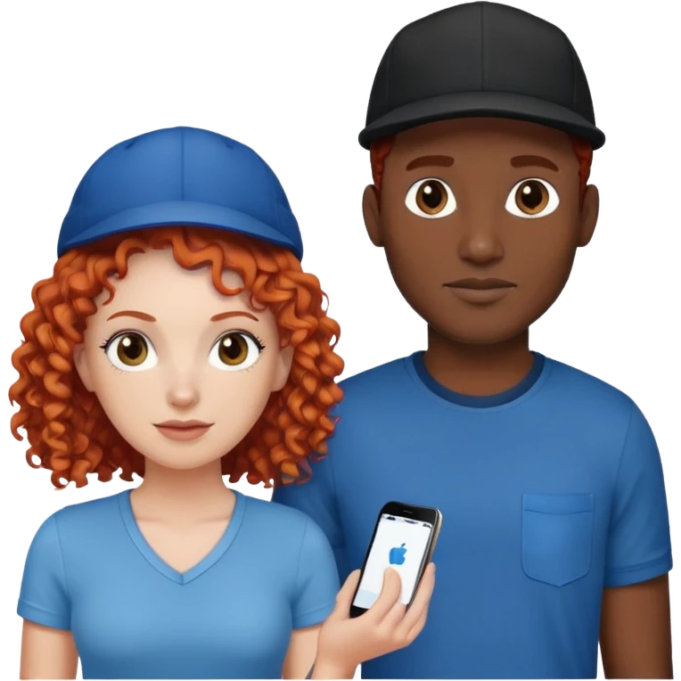 a couple a white woman with red curly hair and a black man in a blue shirt and black cap emoji