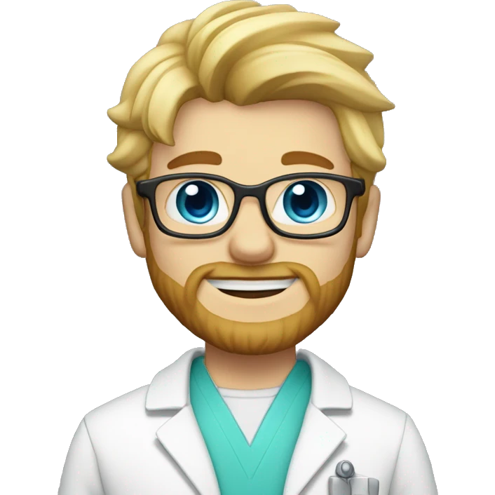 blonde dentist with fair skin, little beard, wearing a lab coat and called Leonardo Hammey emoji
