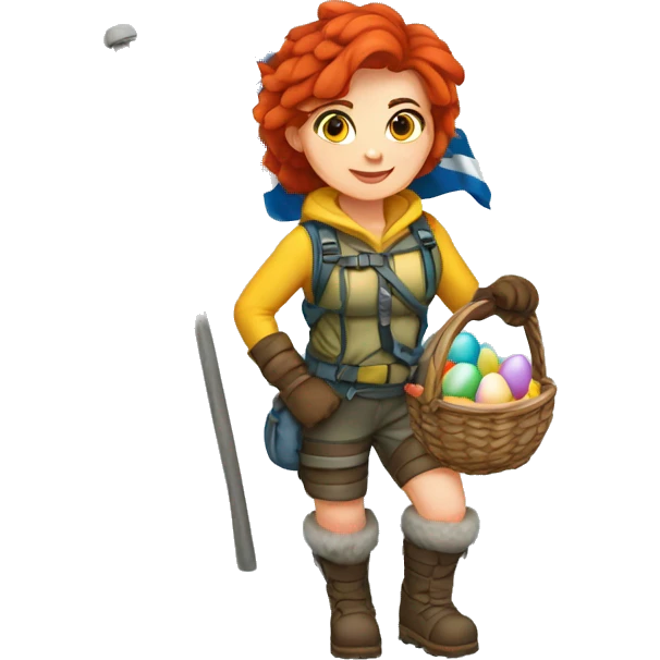 Female winter mountaineer red hair white skin climbing with Greek Flag and Easter eggs basket emoji