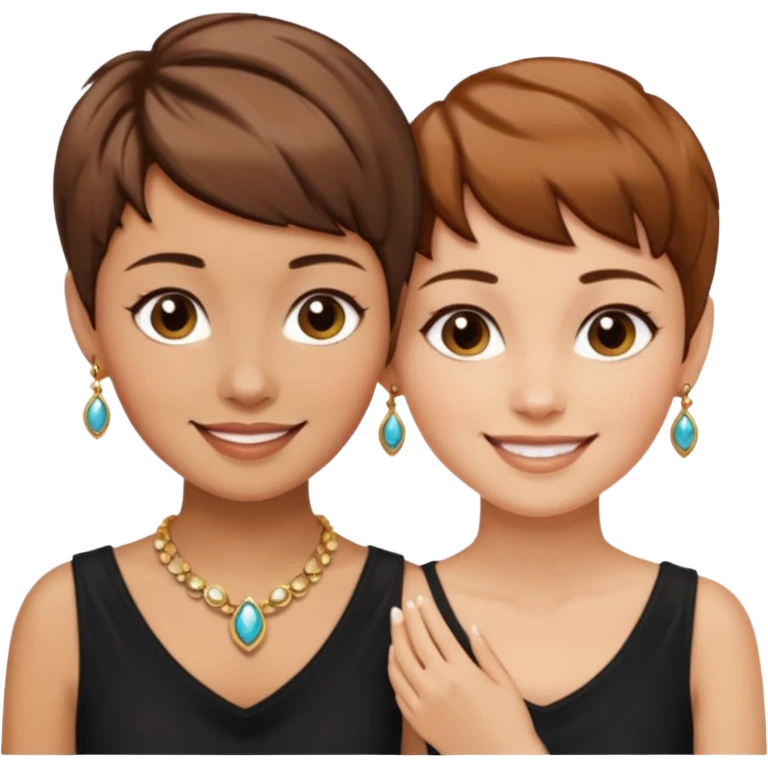 Fair skin and caramel colored besties with brown hair pixie cuts wearing jewelry  both brown hair  emoji
