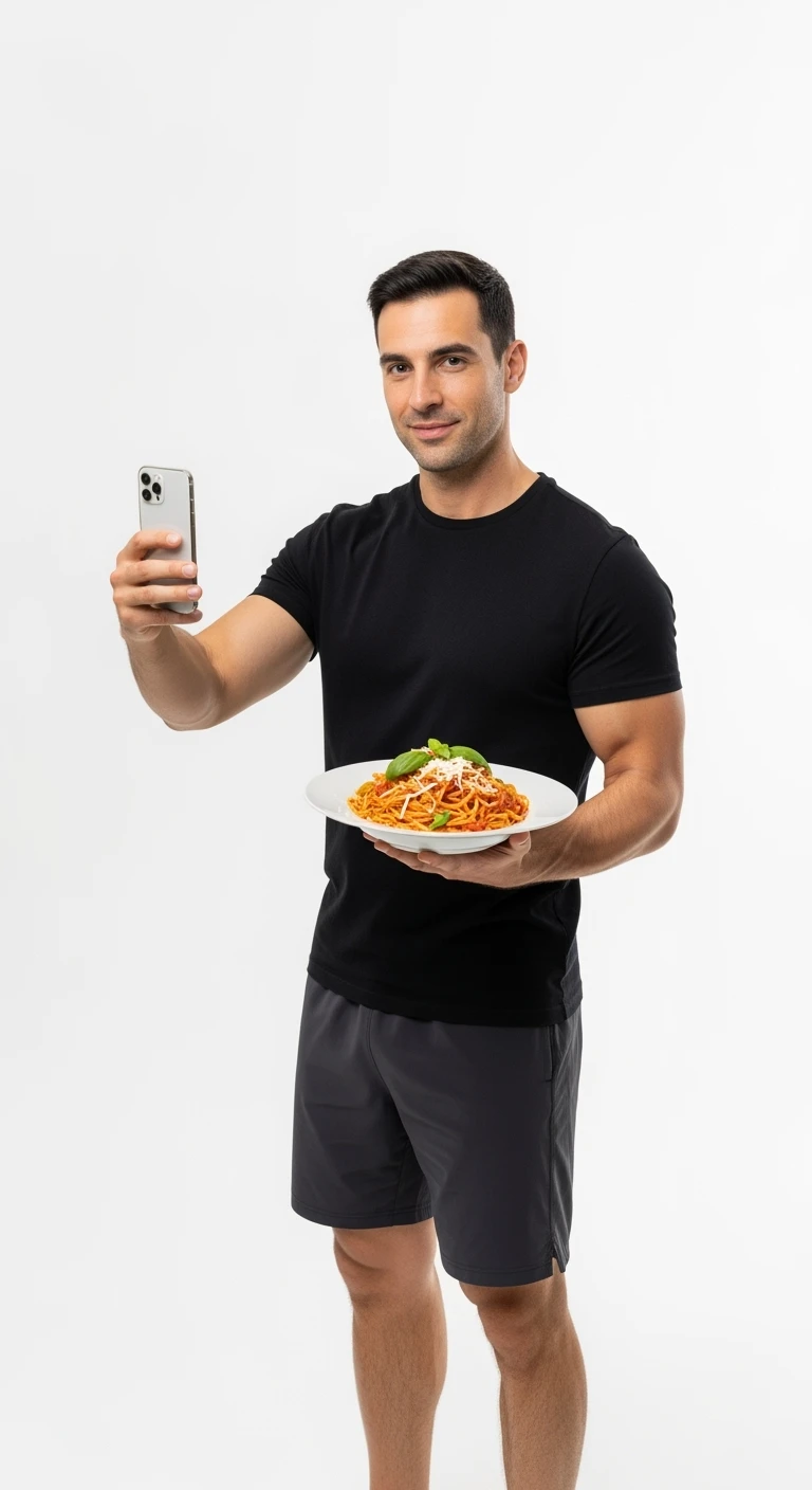 uomo fitness con piatto di pasta in mano e smartphone, sfondo bianco emoji