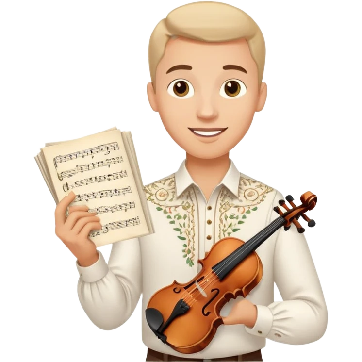 a happy guy in a white Ukrainian embroidered shirt, holding sheet music in one hand and a violin key in the other emoji