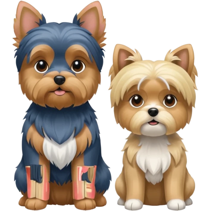 Generate a blue and tan purebred yorkie with a blonde shi tzu yorkie mix with floppy ears sitting next to each other. Make them the same size emoji