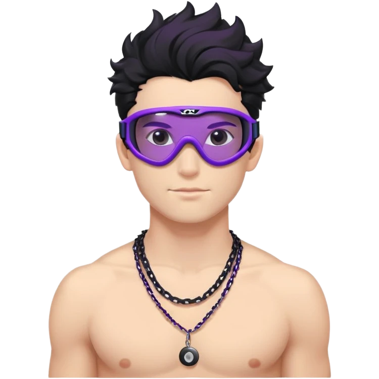 shirtless male athlete with white skin and moderately curly black hair on top with shaved sides, wearing purple ski goggles with black tinted lenses, and a simple plain black chain necklace, no earrings emoji