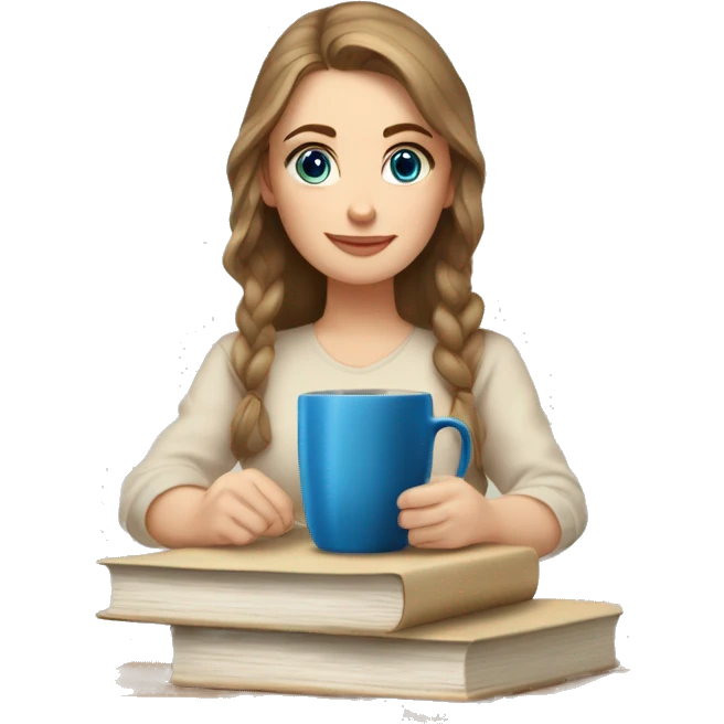 stack of beige books, Russian white girl with brown middle hair, blue eyes, sitting on table, coffee emoji
