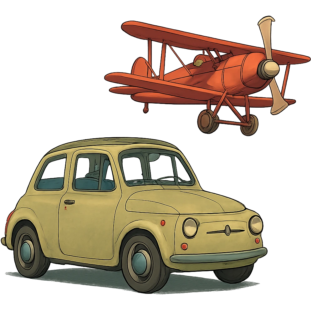 ghibli style car with a plane emoji