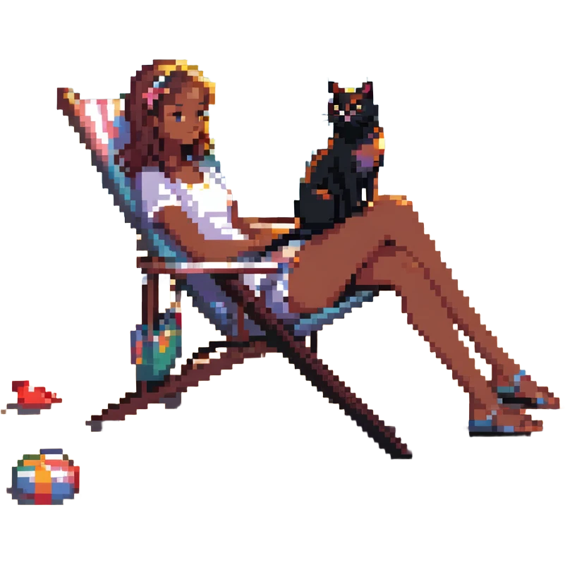 girl with her cat on a beach chair, sun shining emoji