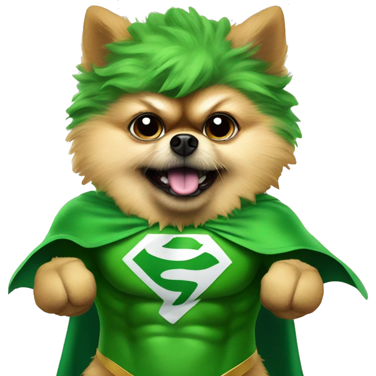 angry pomeranian in green superhero costume emoji