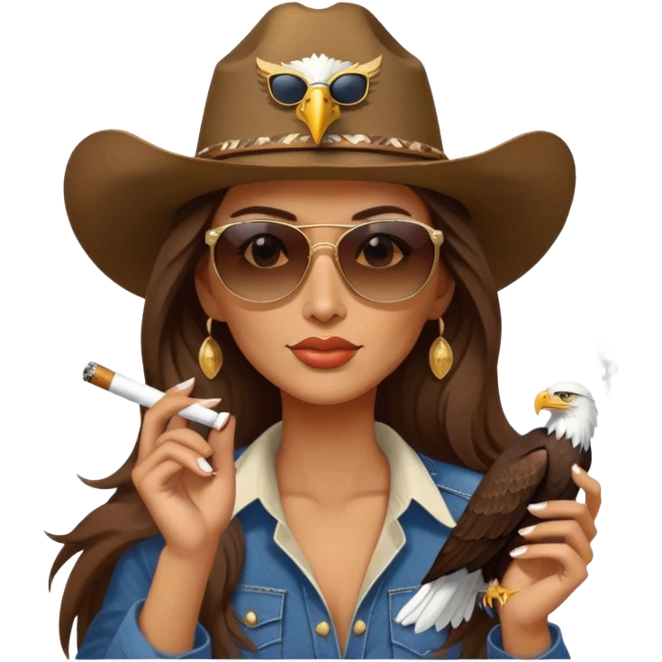 Country woman in cowboy hat with long brown hair with sunglasses with bald eagle on her arm and a cigarette in her mouth  emoji