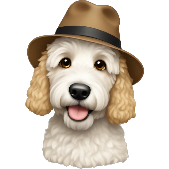 White mini golden doodle with man backwards hat brown hair emoji
