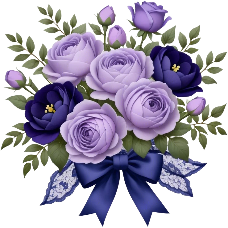 A hand-tied bouquet of soft lilac roses, pale violet peonies, and deep indigo pansies, bound with layers of vintage lace and a faded purple silk bow, rests upon a carved wooden vanity, beside an antique silver heart-shaped mirror reflecting the timeless beauty of love’s gentle touch. emoji