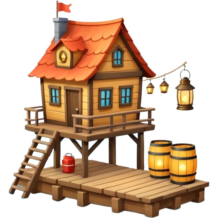 
fisherman house on a wooden pier, small dock, fishing nets hanging, barrels, lantern, ocean vibe, 3D cartoon, cute mobile game icon, clean background, no text
 emoji
