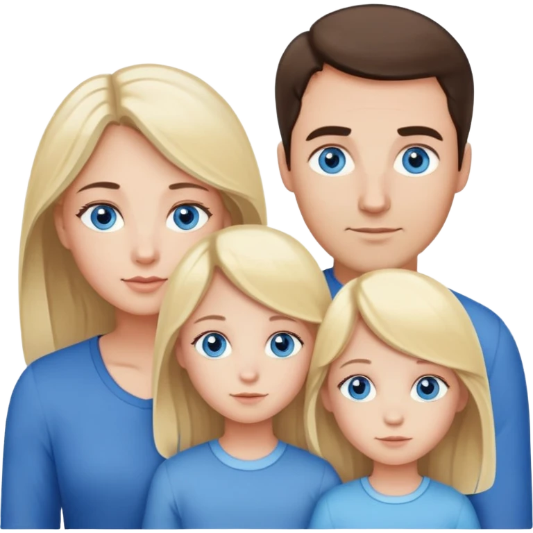 Family portrait with father with dark brown hair and blue eyes, mother with light brown hair and blue eyes, three blonde little girls with blue eyes emoji