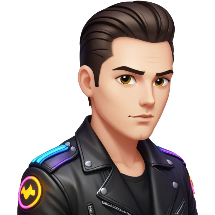 A lone biker with slicked-back hair, wearing a leather jacket, his face partially lit by neon lights emoji