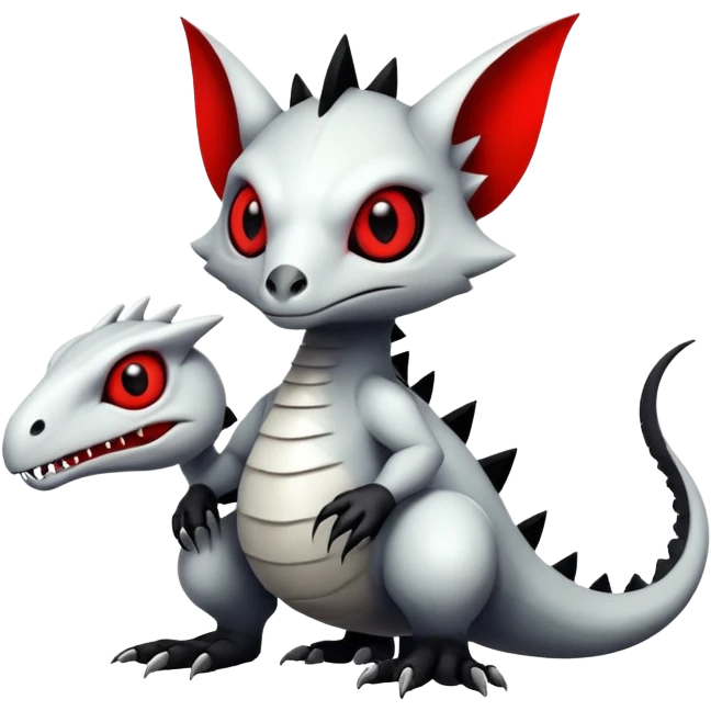 a white exotic edgy vernid-fionbr-Fakémon-creature, with black belly and red eyes, full body emoji