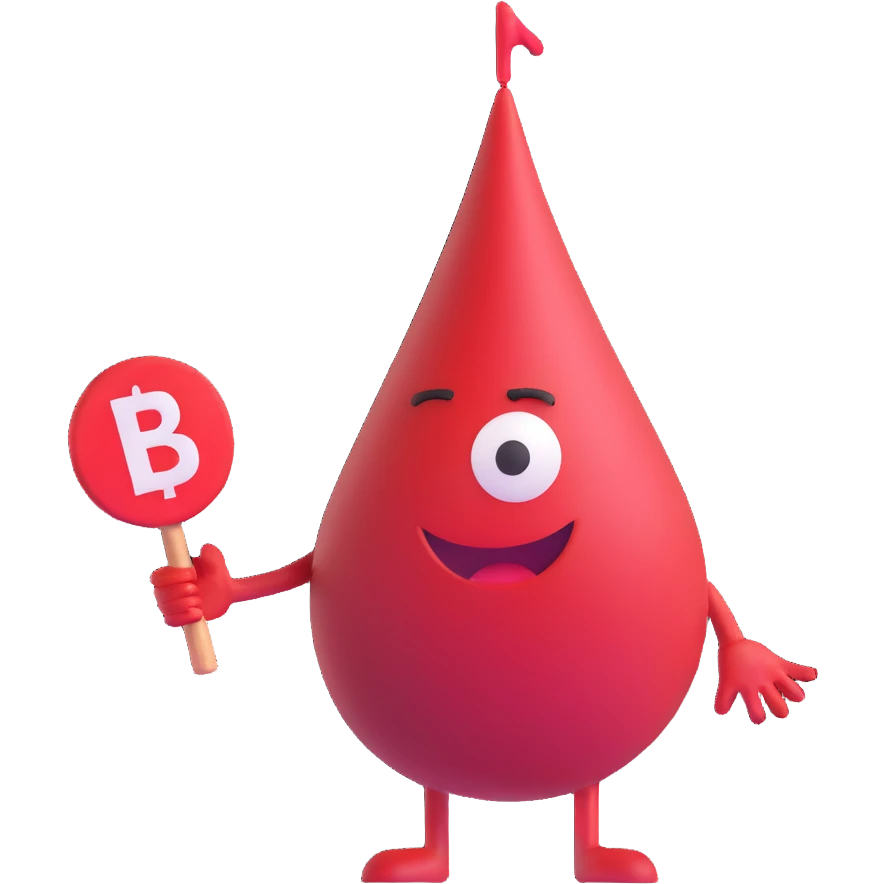 blood drop character holding a B.R.B. sign emoji
