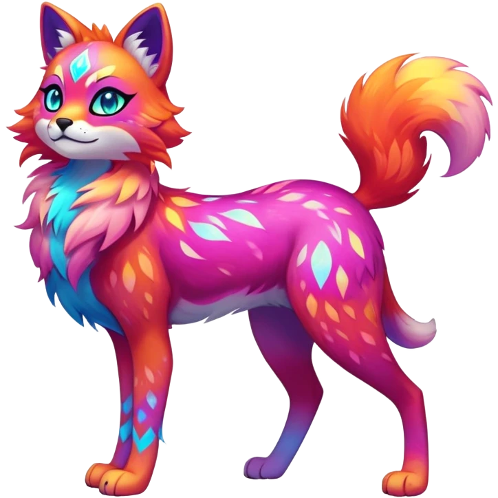 Vibrant multicolored neon-colored Falvie-Fionbri-creature-sparkle-feline-canine-hybrid-fursona, full body, fur pattern-markings emoji