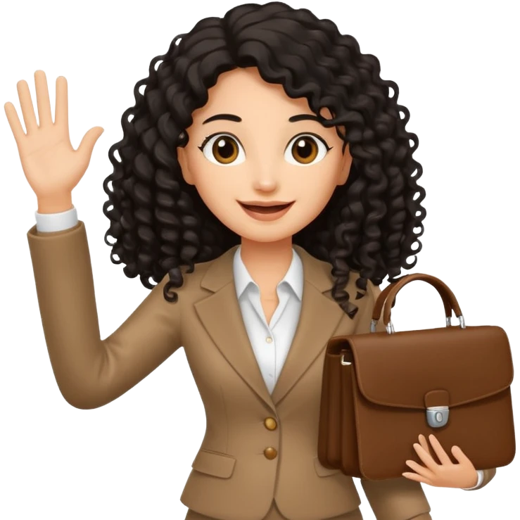 medium deep tan brown business woman with long black curly hair, waving hand with happy face and holding a close laptop and carrying a bag on her dhoulder emoji