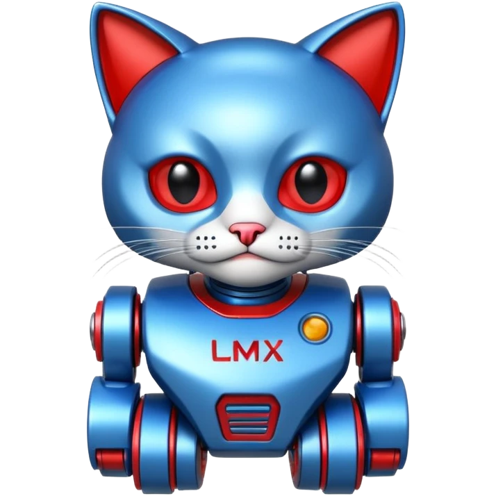 generate robot cat, glossy, realstic, red and blue color, add text on chest "LMX" emoji