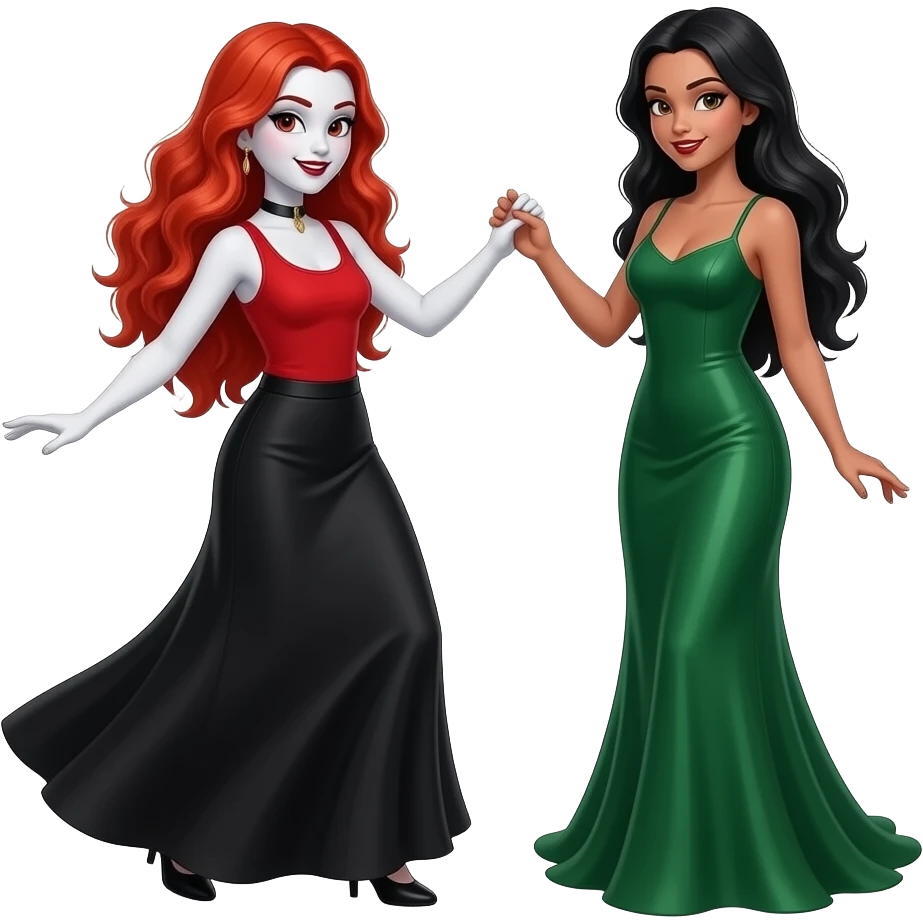 Vampiro femmina adolescente con capelli lunghi rosso fuoco ondulati con pelle bianca con gonna lunga nera e top canottiera rossa che balla con la sua amica VAMPIRA femmina che indossa un vestito lungo verde emoji