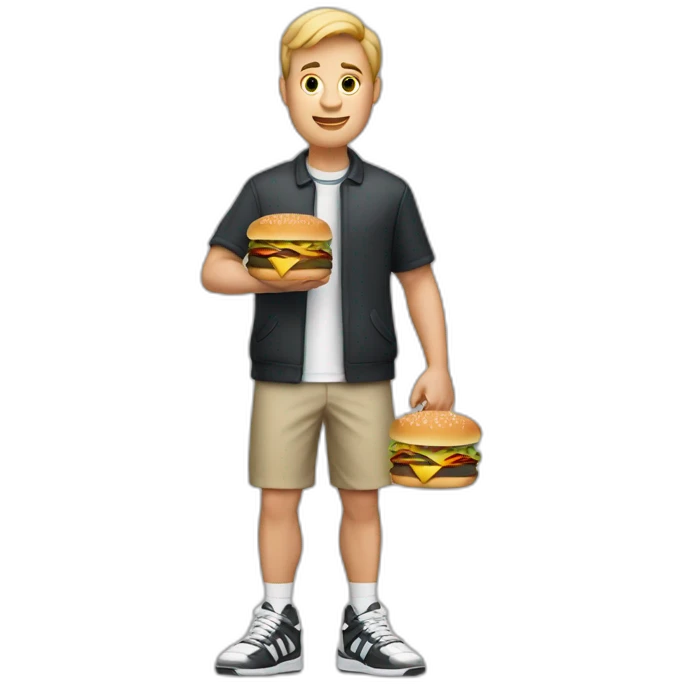 a white man with black short holding two burgers wearing sneakers emoji