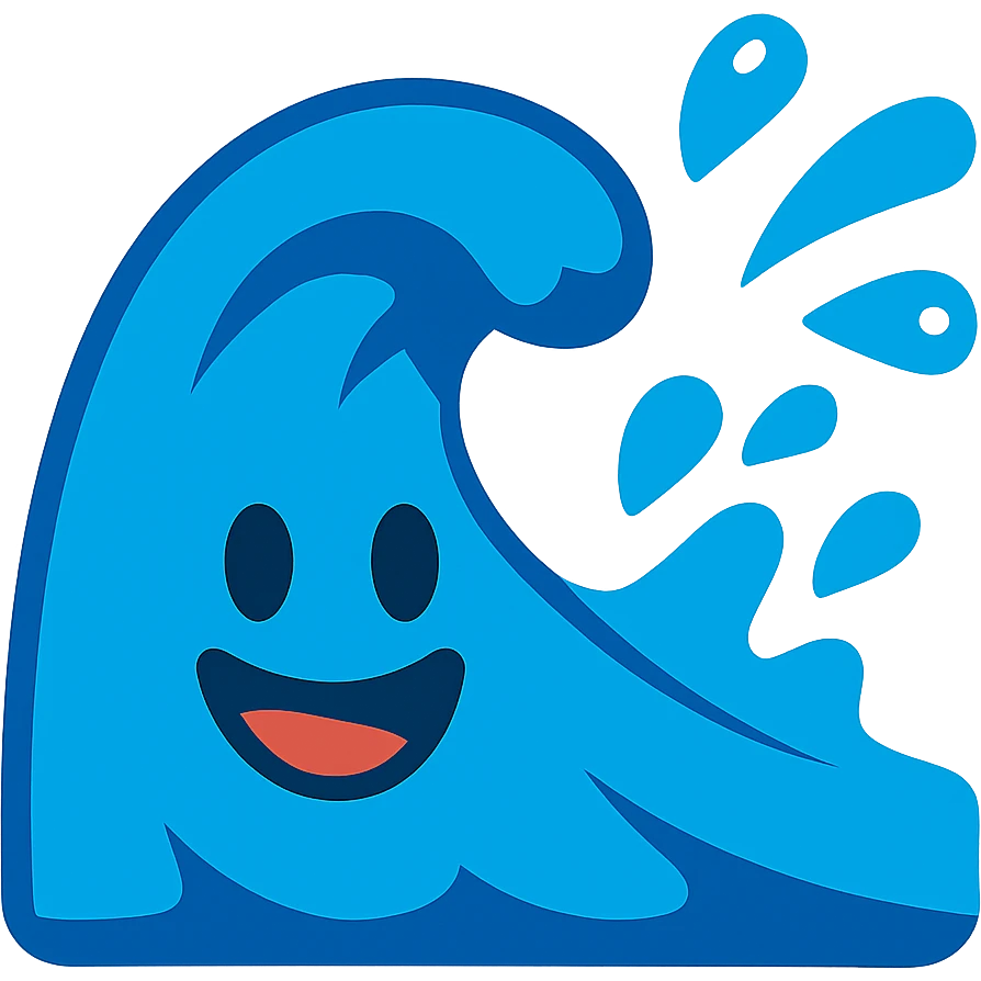 playful wave emoji, exaggerated splash, vibrant blue, cheerful expression emoji