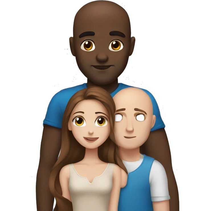 Beautiful Girl with blue eyes and long brown hair and boy with brown hair cuddling, Bald black man  emoji