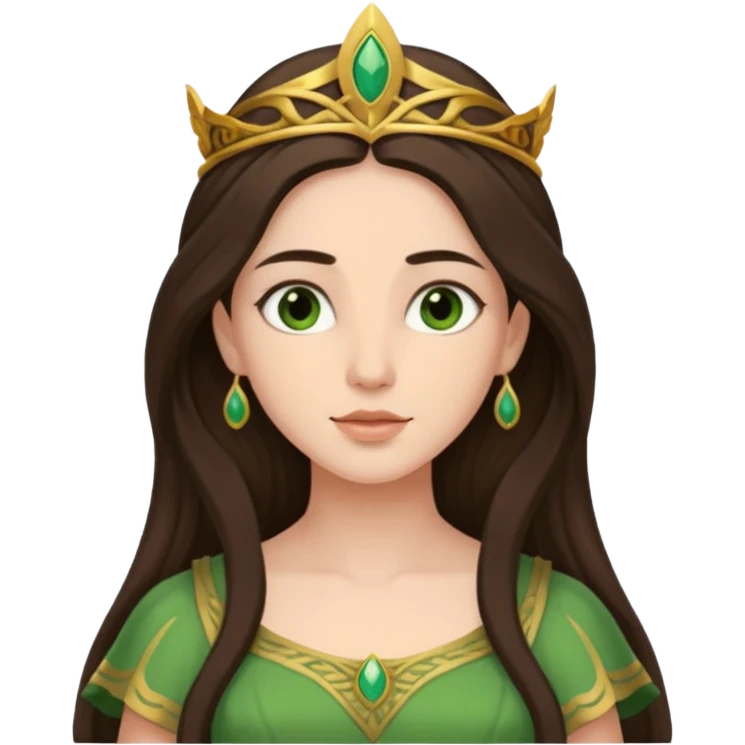 Juno, Marriage Goddess from Rome Mythology with long dark brown hair, green outfit, fair skin emoji