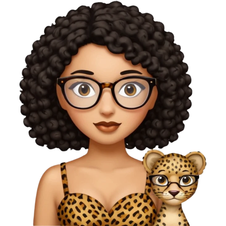 A women who wears glasses with a black curly hair, in a leopard print dress sweetheart neckline  emoji